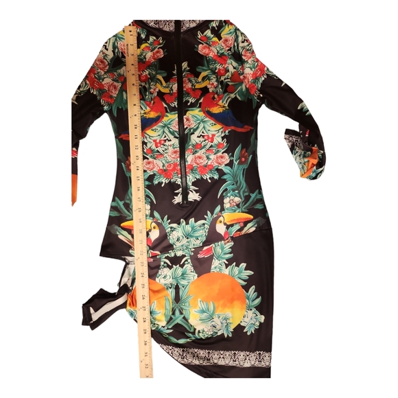 CBR Multicolor Black Front Zipper Tropical Print Knotted Irregular Mini Dress S - Picture 9 of 9